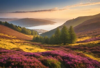 Obraz premium Sunset over purple heather hills