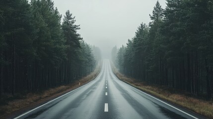 Fototapeta premium A serene and misty road stretches through dense forest, evoking sense of calm and solitude. 