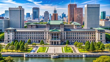 Obraz premium Modern government building in Tokyo serves as headquarters for Ministry of Land, Infrastructure, Transport and Tourism, Japan Tourism Agency, and Japan Coast Guard.