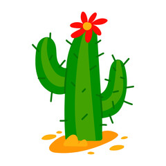 prickly cactus with a red flower grows on the sand in the desert. Flat vector illustration on a white background. Mexican, desert-themed party. cheerful green prickly cactus with an open large flower