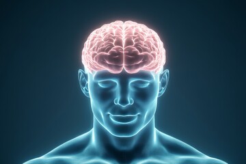 Futuristic depiction of a man with a glowing brain symbolizing the integration of technology with human thought set against a blue digital background highlighting neural connections
