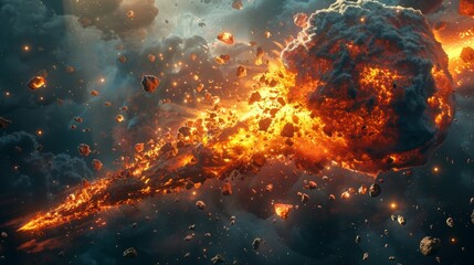 Asteroid colliding with a celestial body in space, illuminated by fiery explosions