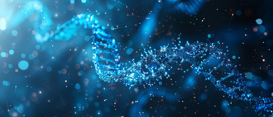 A vibrant representation of DNA double helix, glowing with blue lights and particles, evoking sense of wonder and scientific discovery.