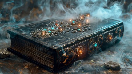 Mystical book with ornate cover illuminated by glowing gems in a foggy setting