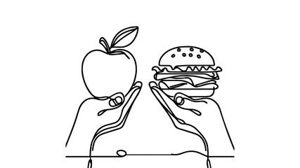Fast-food vs fruit choice one line illustration