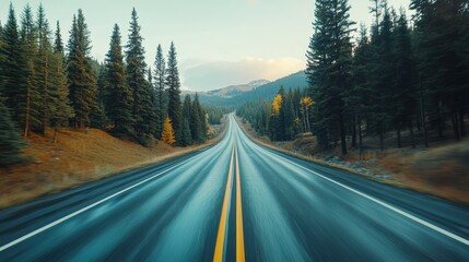 Fototapeta premium A serene road stretches through forest, evoking sense of adventure and tranquility. vibrant trees and open landscape invite exploration. 