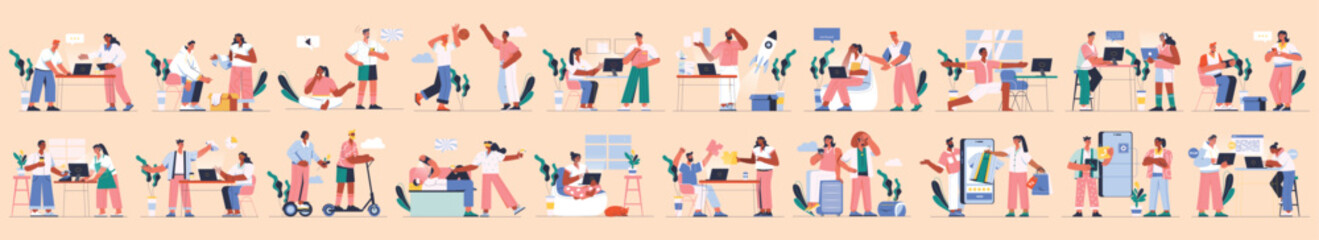 Bundle of colorful concepts with people scene in flat cartoon design. A large selection of colorful images showing men and women on a orange background. Vector illustration.