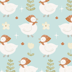 Cute White Ducks with Hats and Ribbons in Watercolor Style Pattern