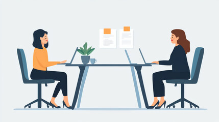 Two women sitting at a table with laptops and papers