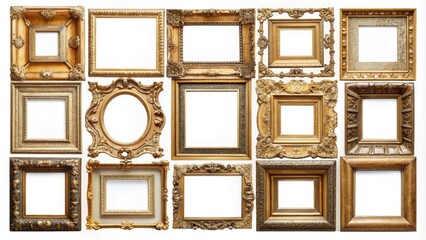 Antique-style picture frames in various shapes and sizes arranged on a clean white background, ideal for adding a nostalgic touch to designs and artwork.