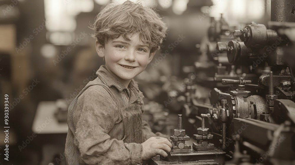 Wall mural little kid industrial worker work in a heavy industry, retro factory machine equipment and productio