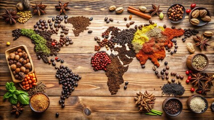 Vibrant world map formed by diverse spices, coffee beans, and exotic products arranged artfully on a rustic wooden table, symbolizing global culinary exploration.