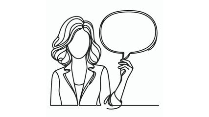 Woman holding blank speech bubble line art illustration