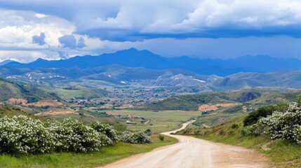 A serene dirt road stretches through brilliant purple rhododendron bushes in South Africa, with mountains looming in the background under a cloudy sky