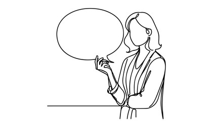Woman holding blank speech bubble line drawing