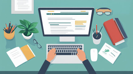 A person is typing on a computer at a desk with a potted plant, a book