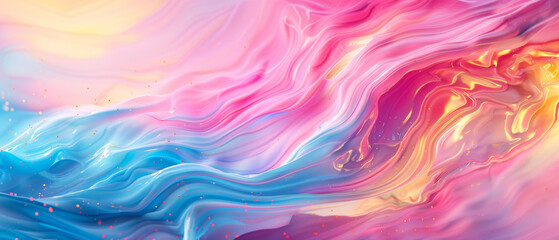 Obraz premium A vibrant and fluid abstract background with swirling colors of pink, blue, and gold, evoking sense of creativity and movement.