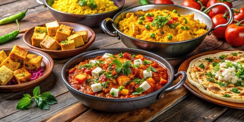 Obraz premium Vibrant, flavorful Indian dishes showcas-ing rich textures and colors, featuring savory Paneer Bhurjee, fluffy Cheese Omelet, smoky Paneer Tikka, and spicy Misal, appealing to food lovers.