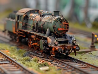 Naklejka premium Model steam locomotive on a miniature railway with detailed scenery and greenery