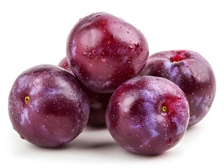 Obraz premium Fresh plump purple plums stacked together on a white background