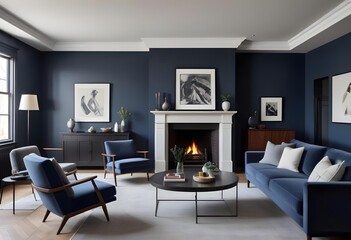 A modern living room with a gray sofa, armchairs, and a coffee table in front of a fireplace. The walls are painted in a dark blue color, and there are four framed artworks hanging on the wall.