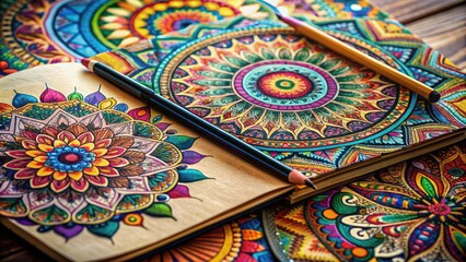 Vibrant mandala designs and delicate pencil sketches fill the pages of a worn sketchbook, showcasing creativity and artistic expression in a beautiful, colorful arrangement.