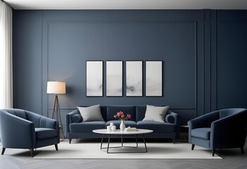 Obraz premium A modern living room with a gray sofa, armchairs, and a coffee table in front of a fireplace. The walls are painted in a dark blue color, and there are four framed artworks hanging on the wall.