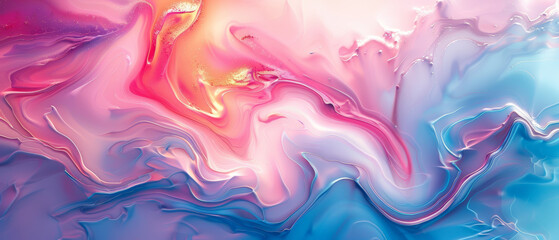 Fototapeta premium A vibrant abstract painting with swirling colors of pink, blue, and gold, evoking sense of fluidity and creativity.