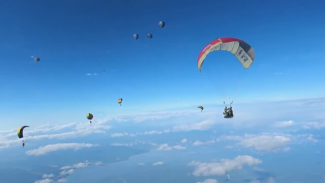 Paratroopers Descending in the Blue Sky During a Military Exercise Generative AI