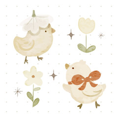 Cute Yellow Chick with Hats and Ribbons in Watercolor Style