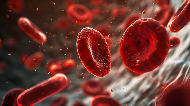 Detailed view of red blood cells moving through a blood vessel in a human body
