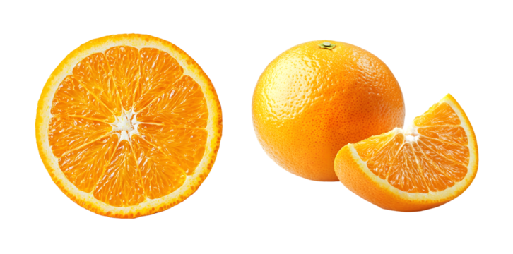 Vibrant Citrus Duo: Fresh Orange and Cross-Section Isolated on Transparent Background