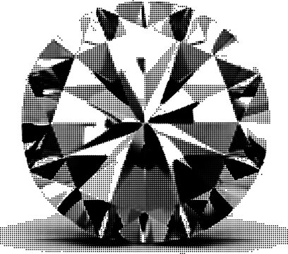 A black and white halftone pattern of a round, faceted gemstone.