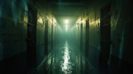 Eerie corridor in an abandoned prison with dim lighting and reflections on the floor