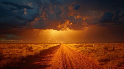 Stormy sunset over a dirt road in a desolate landscape