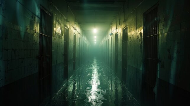 Eerie corridor in an abandoned prison with dim lighting and reflections on the floor
