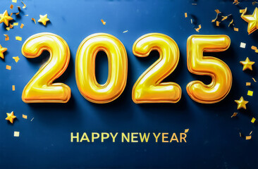 Golden numbers 2025 surrounded by gold confetti and paper stars on a dark blue background. Happy New Year celebration of 2025