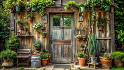 Rustic wooden doorway adorned with vintage metalware, distressed signs, and lush greenery, evoking a sense of nostalgia and rural charm in a serene countryside setting.