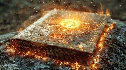 An ancient book glowing with magical energy rests on a mossy stone in a mystical forest