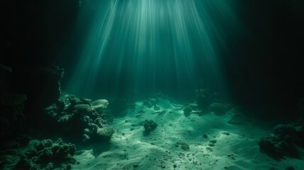 Fototapeta premium Sunlight filtering through water over a tranquil coral reef in the ocean at noon