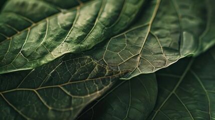 A macro shot of the intricate vein patterns on a green cocoa leaf