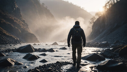 Fototapeta premium River Wanders in Foggy Winter: The Pioneer's Passage Surrounded in Landslide