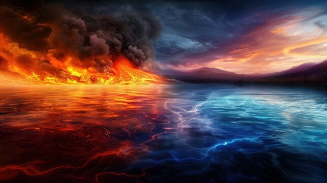 A serene lake with crystal clear water clashing with a boiling lava lake with fire reflections