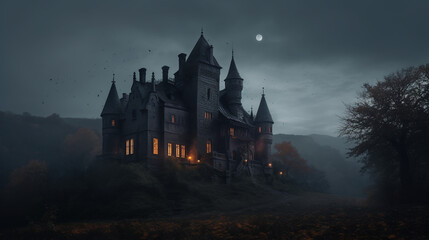 Vampire palace castle night comic style silhouette illustration.