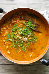 Traditional fish cooking. The fish pieces is cooked with spices and finally garnished with green coriander. 