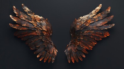 Detailed decorative wings made of feathers displayed against a dark background