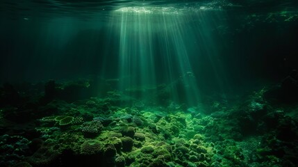 Sunlight streams through water onto a coral reef in a tranquil underwater landscape