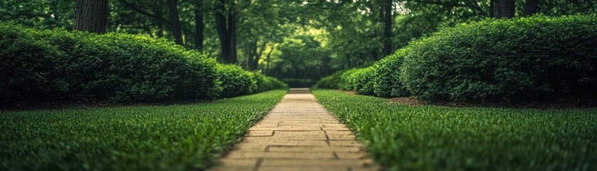 Serene Pathway in a Lush Green Park with Manicured Hedges and Trees on a Tranquil Summer Day