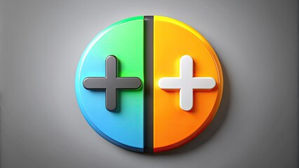 Obraz premium A 3D icon split into two halves, one bright and colorful with a plus sign, the other dark and grey with a minus sign, symbolizing contrasts.
