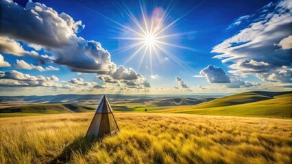Aalone triangular survey marker stands upright in a vast, open, sun-kissed field, surrounded by rolling hills and a bright blue sky with a few puffy clouds.